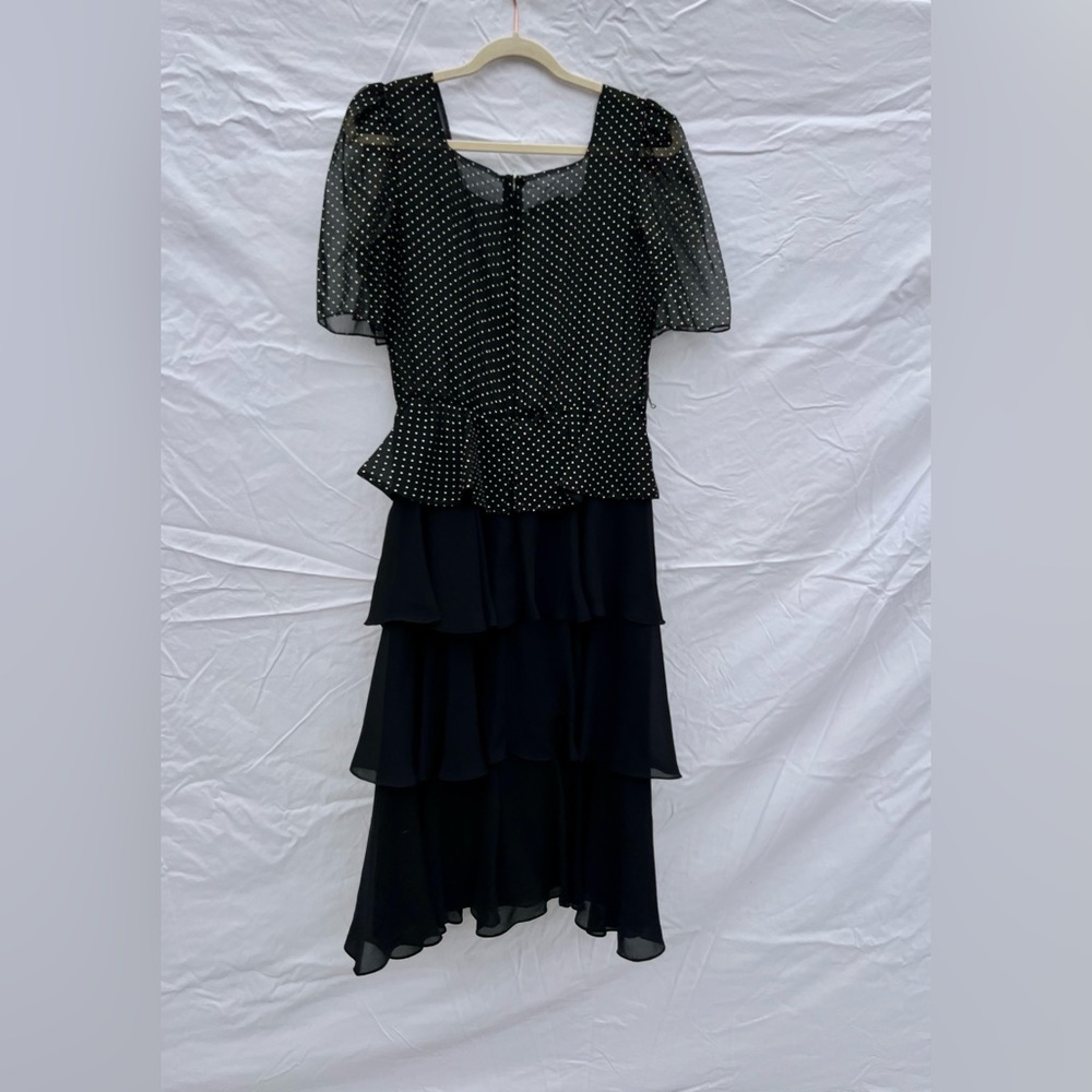 1980s Sheer Black & White Tiny Polka Dot Black Multi Tier Dress | Vintage